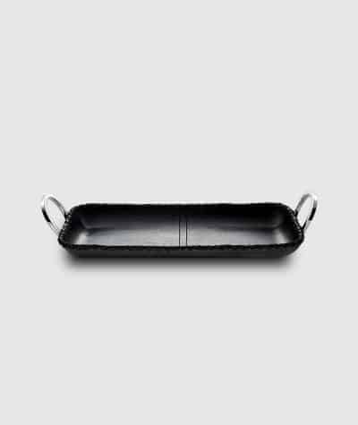 Black leather tray with stainless steel ring handles 14 inches in length and 5 inches in width