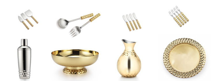 Helios Collection includes 6 pieces. Platters, bowls, utensils, and bowls. 