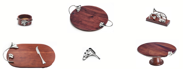 Ginkgo collection items, all with wooden elements and stainless steel ginkgo leaves