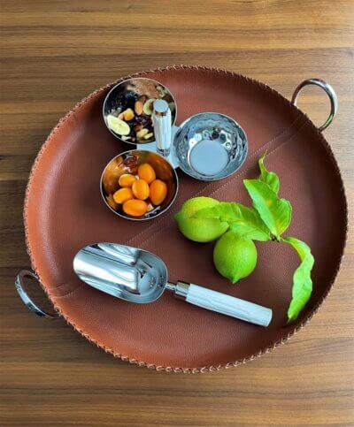 Large leather tray with ice scoop and snack set