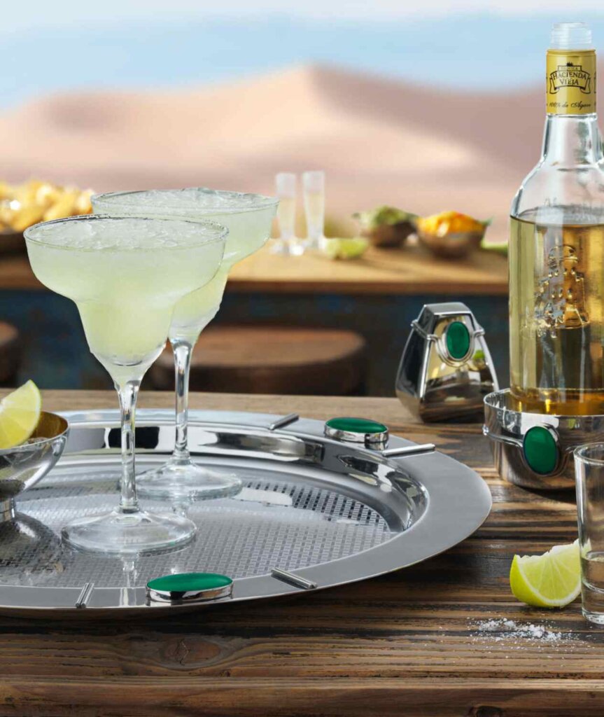 A table with cocktails and barware from the Santa Fe collection