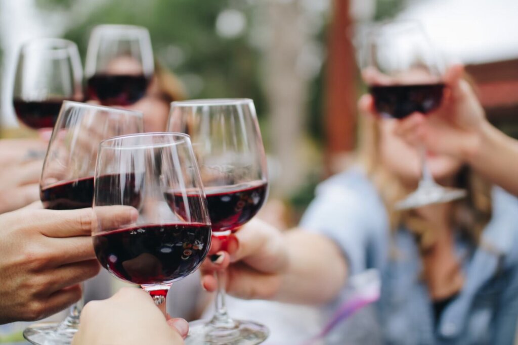 A group of people toasting glasses of red wine outside