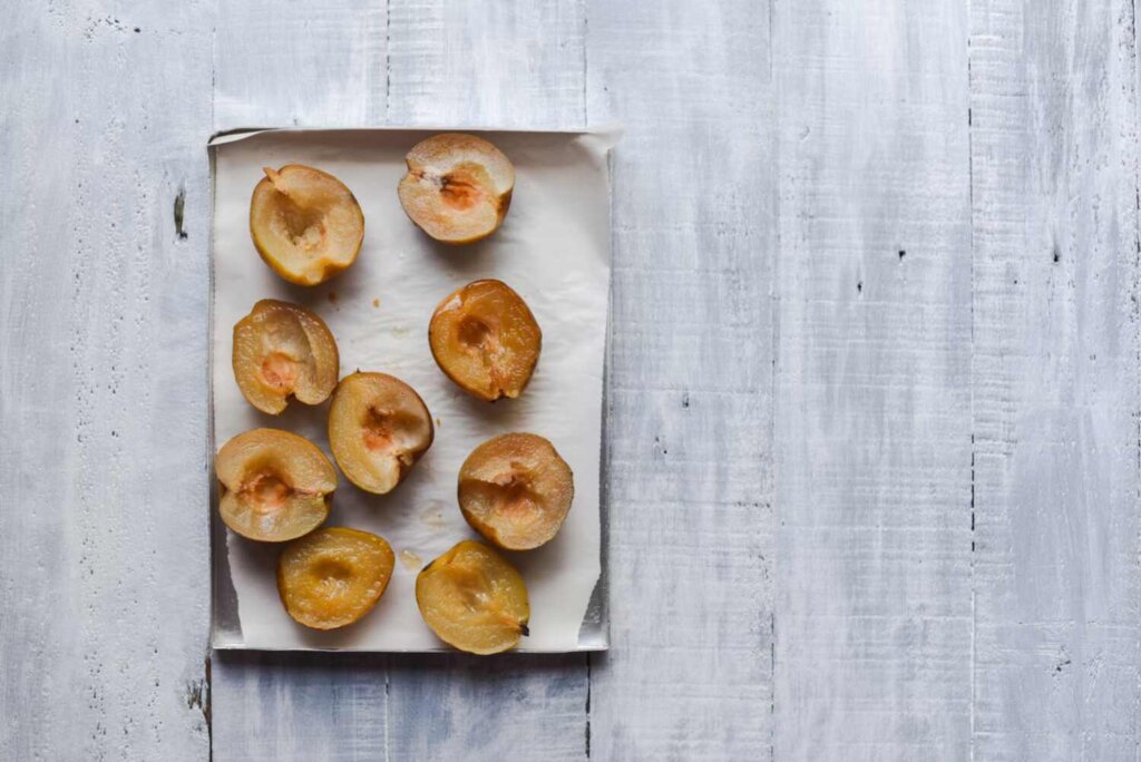 Baked pears on a white table