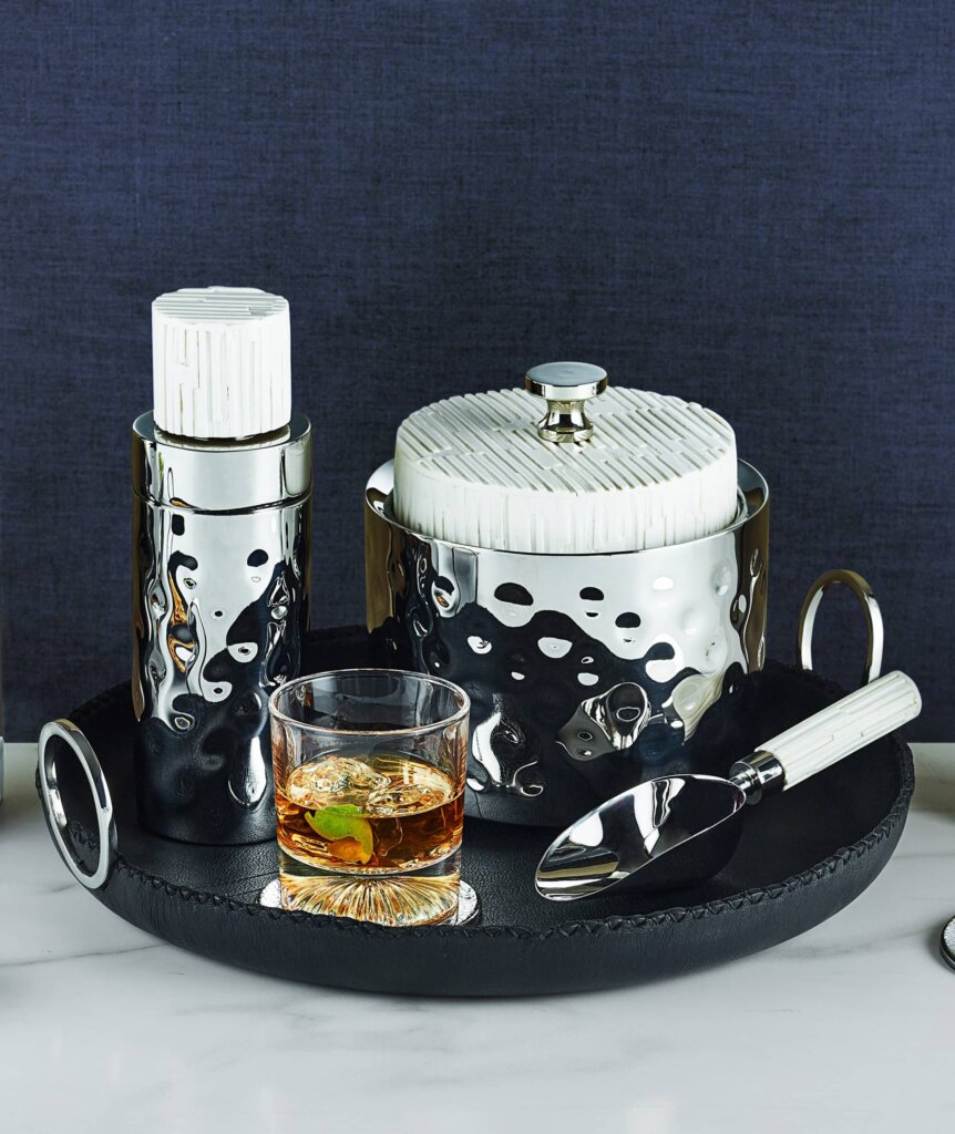 The Tundra Cocktail Shaker w/ White Resin on a Durango Tray